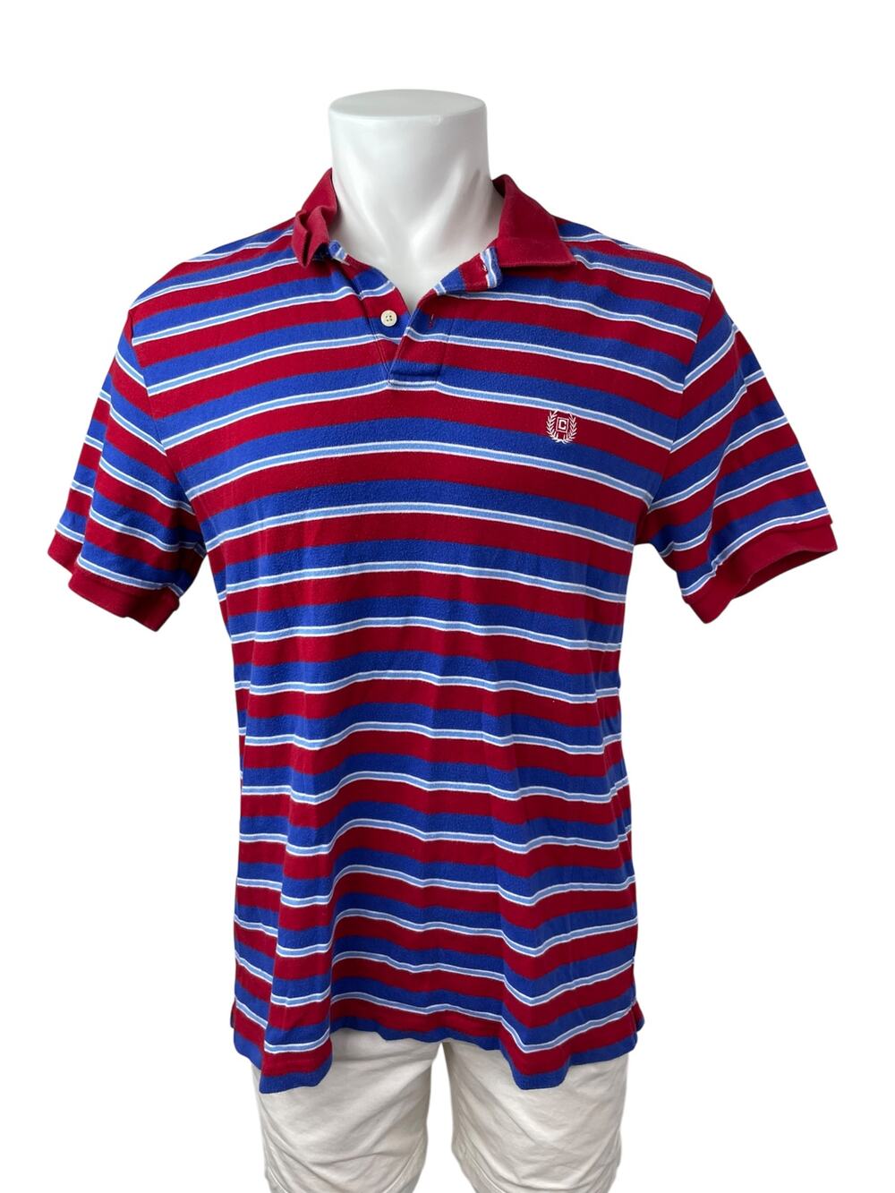 Chaps Men's Red Blue Striped Logo Short Sleeve Golf Casual Polo Shirt Top Size L
